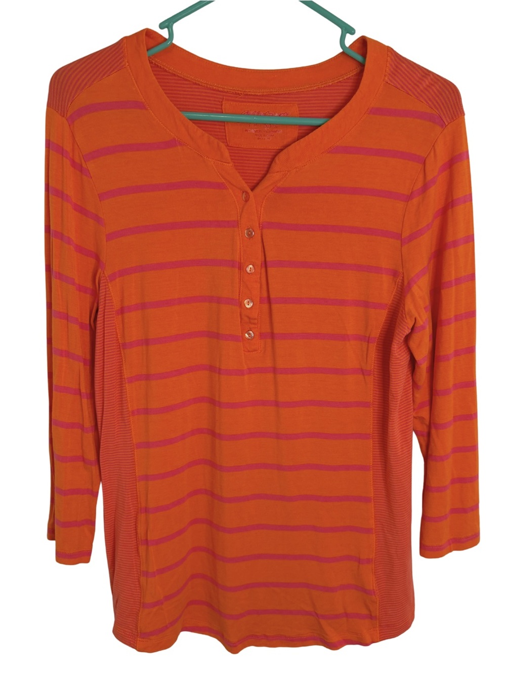 3/$20 Green Source Orange & Pink Striped 3/4 Sleeve Henley Shirt Size XL
